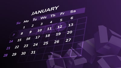 calendar graphic with highlighted dates January 7 and 12, modern purple design with 3D shapes.